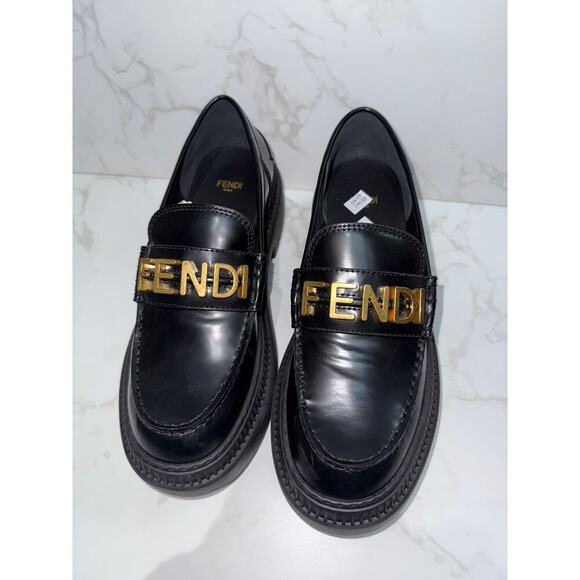 Fendi Loafers in Black with Gold Logo - Picture 1 of 6